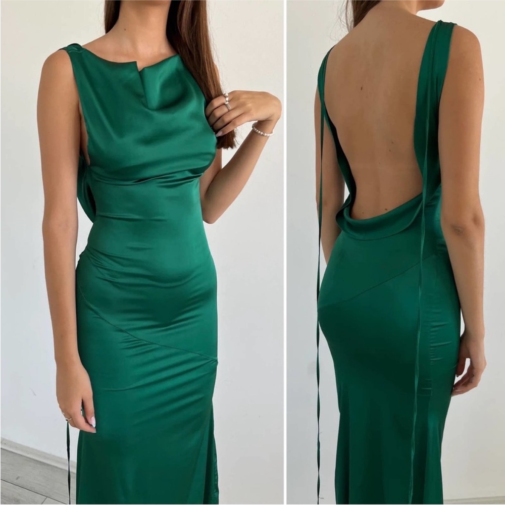 Fenity Isabelle Maxi Slip Dress Kelly Green Satin Open Back Draped Large Party